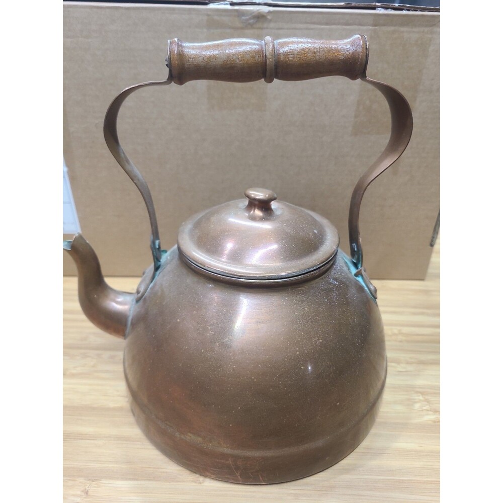 Copper Tea Kettle w/ Wooden Handle & Lid, 7.5 in Wide